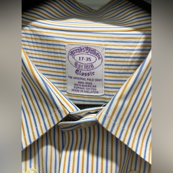 Brooks brothers classic non-iron supima cotton blue and gold stripe neck 17-35 - Picture 6 of 6